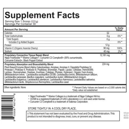Optivida Bio Active Collagen Supplements Facts label