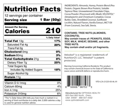 Optivida Callie Protein Bar Nutritional Facts label