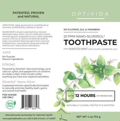 Optivida Nano Silversol Toothpaste 20 PPM label