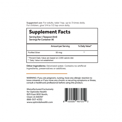 Optivida Silver Liquid 10ppm Supplement Facts
